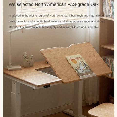 Oak Solid Wood Children Study Desk Adjustable Electric Lifting Tilting Top Minimalist Writing Table Natural Finish