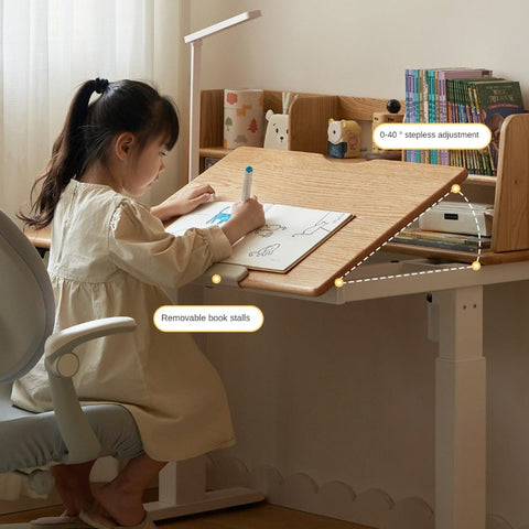 Oak Solid Wood Children Study Desk Adjustable Electric Lifting Tilting Top Minimalist Writing Table Natural Finish