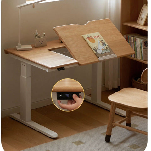 Oak Solid Wood Children Study Desk Adjustable Electric Lifting Tilting Top Minimalist Writing Table Natural Finish