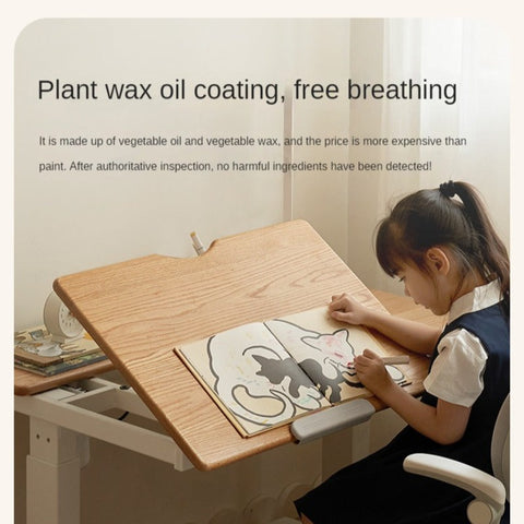 Oak Solid Wood Children Study Desk Adjustable Electric Lifting Tilting Top Minimalist Writing Table Natural Finish