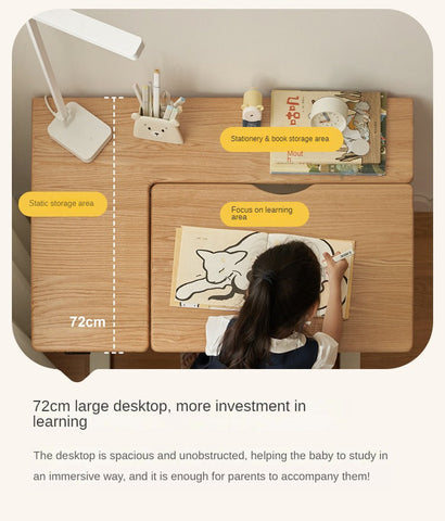 Oak Solid Wood Children Study Desk Adjustable Electric Lifting Tilting Top Minimalist Writing Table Natural Finish
