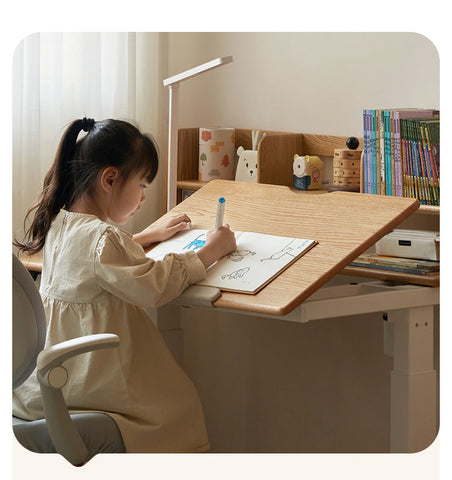 Oak Solid Wood Children Study Desk Adjustable Electric Lifting Tilting Top Minimalist Writing Table Natural Finish