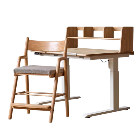 Oak Solid Wood Children Study Desk Adjustable Electric Lifting Tilting Top Minimalist Writing Table Natural Finish