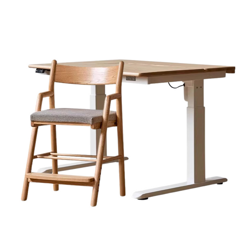 Oak Solid Wood Children Study Desk Adjustable Electric Lifting Tilting Top Minimalist Writing Table Natural Finish