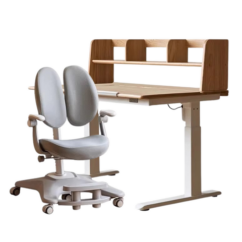 Oak Solid Wood Children Study Desk Adjustable Electric Lifting Tilting Top Minimalist Writing Table Natural Finish