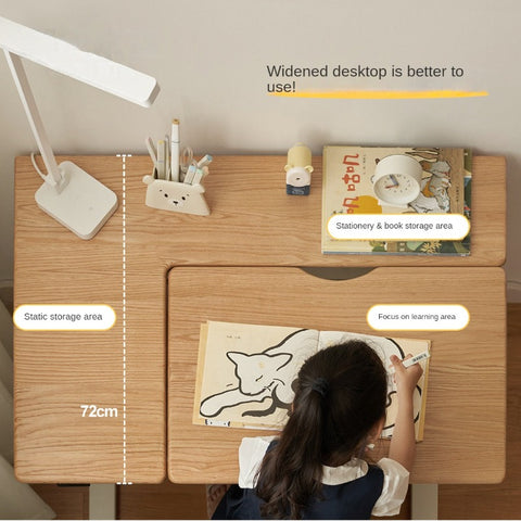 Oak Solid Wood Children Study Desk Adjustable Electric Lifting Tilting Top Minimalist Writing Table Natural Finish