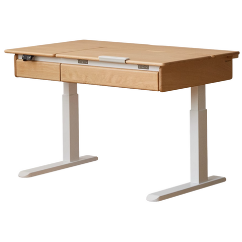 Oak Solid Wood Children Study Desk Adjustable Electric Lifting Tilting Top Minimalist Writing Table Natural Finish