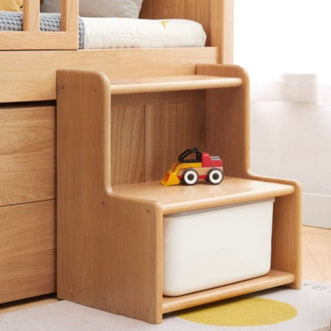 Oak & Beech Solid Wood Footstool Nordic Ladder Storage Step Stool Natural Finish for Kids Beds