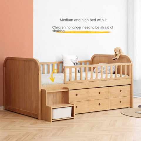 Oak & Beech Solid Wood Footstool Nordic Ladder Storage Step Stool Natural Finish for Kids Beds