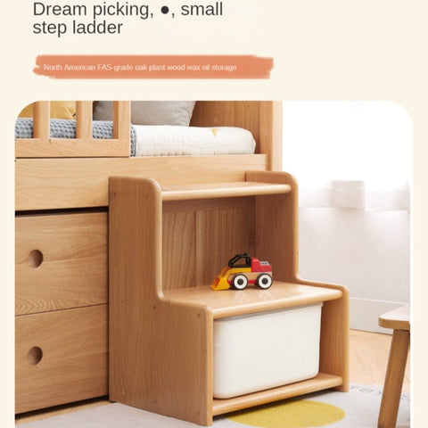 Oak & Beech Solid Wood Footstool Nordic Ladder Storage Step Stool Natural Finish for Kids Beds