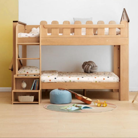 Oak & Beech Solid Wood Footstool Nordic Ladder Storage Step Stool Natural Finish for Kids Beds