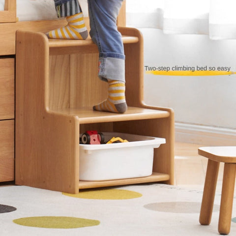 Oak & Beech Solid Wood Footstool Nordic Ladder Storage Step Stool Natural Finish for Kids Beds