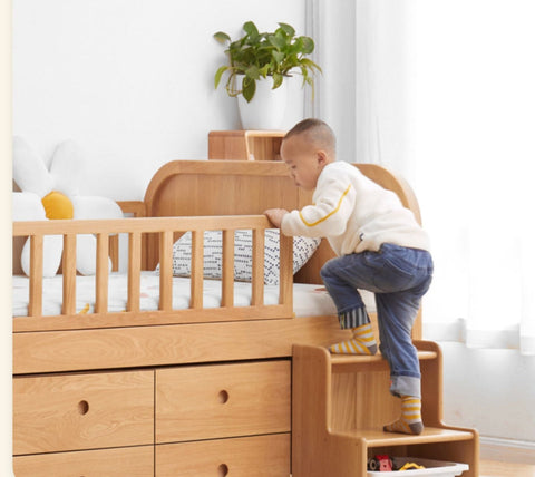 Oak & Beech Solid Wood Footstool Nordic Ladder Storage Step Stool Natural Finish for Kids Beds