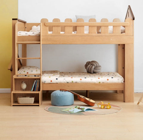 Oak & Beech Solid Wood Footstool Nordic Ladder Storage Step Stool Natural Finish for Kids Beds