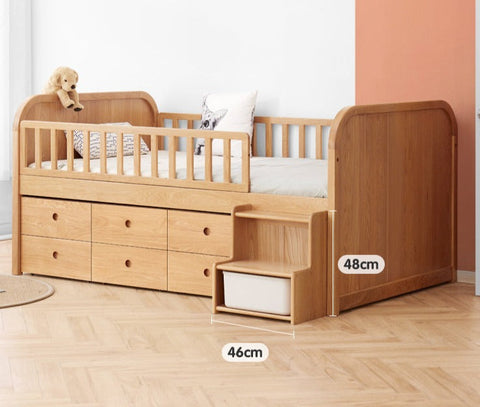 Oak & Beech Solid Wood Footstool Nordic Ladder Storage Step Stool Natural Finish for Kids Beds