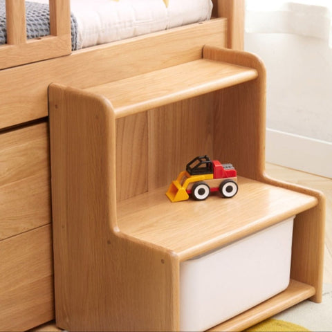 Oak & Beech Solid Wood Footstool Nordic Ladder Storage Step Stool Natural Finish for Kids Beds