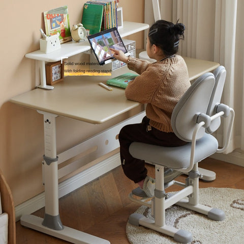 Poplar Solid Wood Liftable Study Desk for Children Milk Brown Adjustable Height Writing Table with Carbon Steel Frame