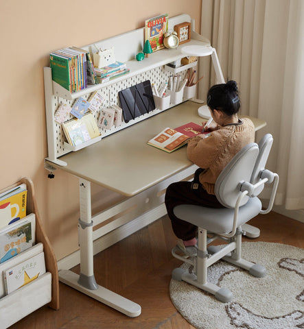 Poplar Solid Wood Liftable Study Desk for Children Milk Brown Adjustable Height Writing Table with Carbon Steel Frame