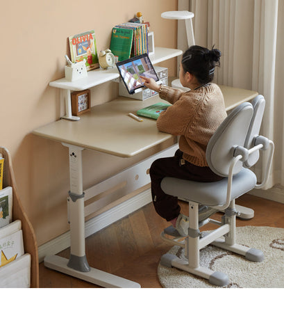 Poplar Solid Wood Liftable Study Desk for Children Milk Brown Adjustable Height Writing Table with Carbon Steel Frame
