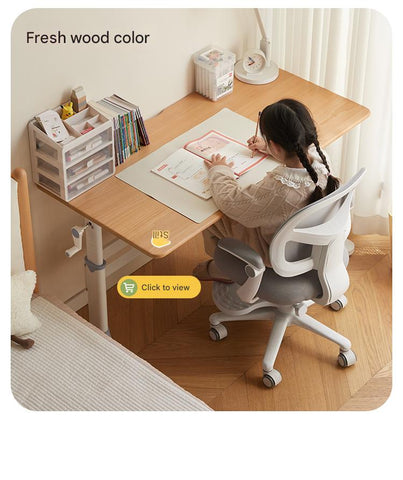 Poplar Solid Wood Liftable Study Desk for Children Milk Brown Adjustable Height Writing Table with Carbon Steel Frame