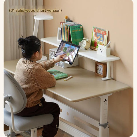 Poplar Solid Wood Liftable Study Desk for Children Milk Brown Adjustable Height Writing Table with Carbon Steel Frame