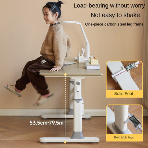 Poplar Solid Wood Liftable Study Desk for Children Milk Brown Adjustable Height Writing Table with Carbon Steel Frame