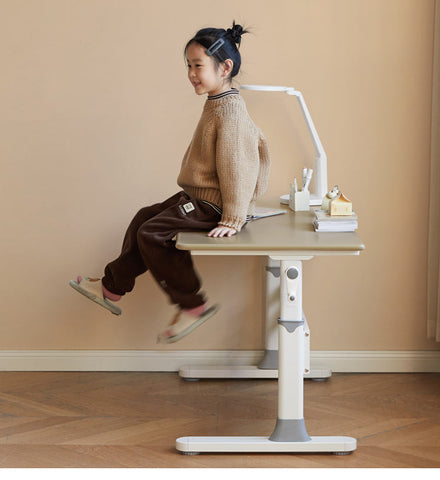 Poplar Solid Wood Liftable Study Desk for Children Milk Brown Adjustable Height Writing Table with Carbon Steel Frame
