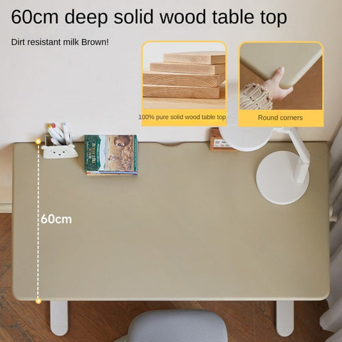 Poplar Solid Wood Liftable Study Desk for Children Milk Brown Adjustable Height Writing Table with Carbon Steel Frame