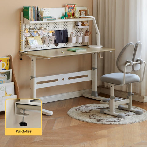 Poplar Solid Wood Liftable Study Desk for Children Milk Brown Adjustable Height Writing Table with Carbon Steel Frame