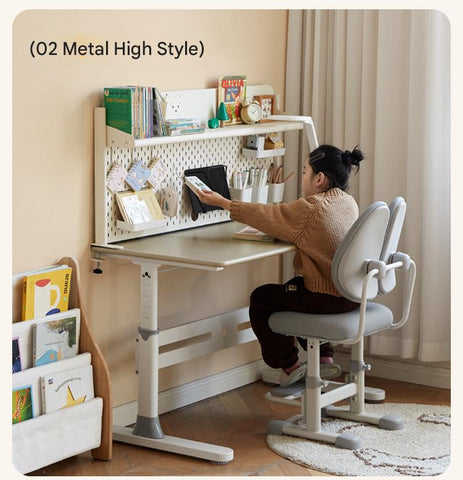 Poplar Solid Wood Liftable Study Desk for Children Milk Brown Adjustable Height Writing Table with Carbon Steel Frame