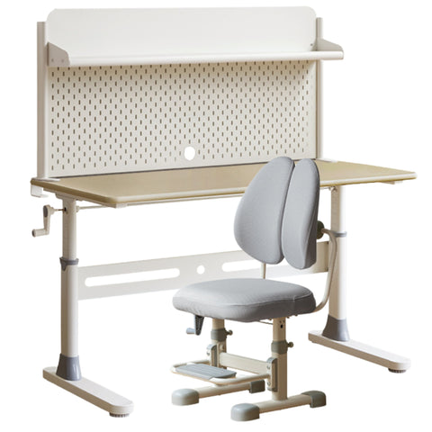 Poplar Solid Wood Liftable Study Desk for Children Milk Brown Adjustable Height Writing Table with Carbon Steel Frame