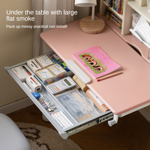 Poplar Solid Wood Childrens Study Desk Natural Eco Friendly Writing Table with Adjustable Height Storage Drawer Home School