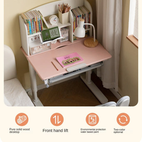 Poplar Solid Wood Childrens Study Desk Natural Eco Friendly Writing Table with Adjustable Height Storage Drawer Home School
