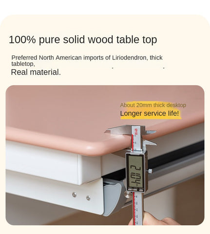 Poplar Solid Wood Childrens Study Desk Natural Eco Friendly Writing Table with Adjustable Height Storage Drawer Home School