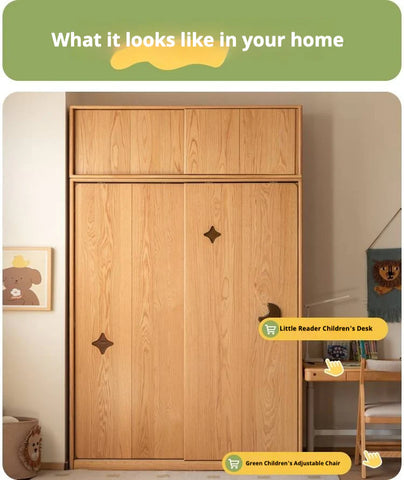 Oak Solid Wood Kids Sliding Door Wardrobe.