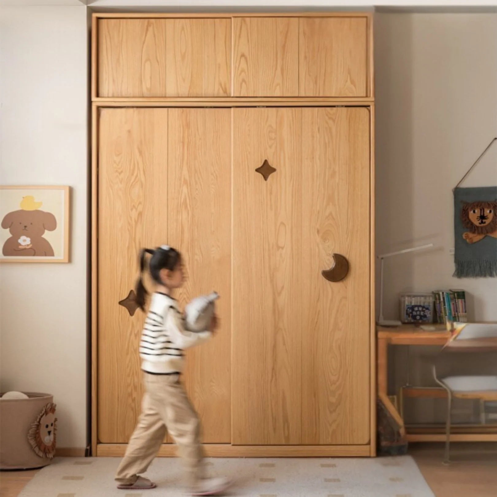 Oak Solid Wood Kids Sliding Door Wardrobe.