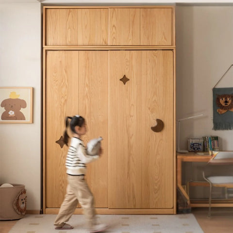 Oak Solid Wood Kids Sliding Door Wardrobe.