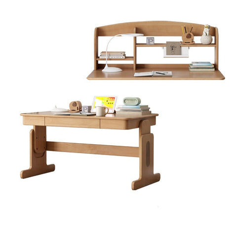 Beech Solid Wood Adjustable Height Desk & Bookshelf Set Natural Study Table for Kids & Students