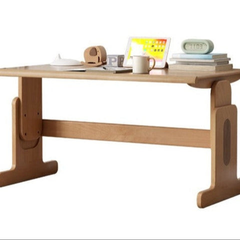 Beech Solid Wood Adjustable Height Desk & Bookshelf Set Natural Study Table for Kids & Students