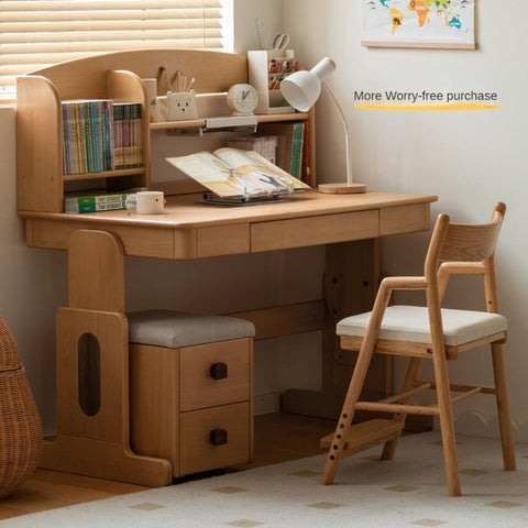 Beech Solid Wood Adjustable Height Desk & Bookshelf Set Natural Study Table for Kids & Students