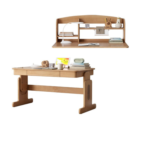 Beech Solid Wood Adjustable Height Desk & Bookshelf Set Natural Study Table for Kids & Students