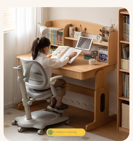 Beech Solid Wood Adjustable Height Desk & Bookshelf Set Natural Study Table for Kids & Students
