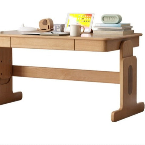 Beech Solid Wood Adjustable Height Desk & Bookshelf Set Natural Study Table for Kids & Students