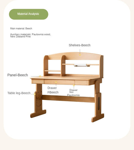 Beech Solid Wood Adjustable Height Desk & Bookshelf Set Natural Study Table for Kids & Students