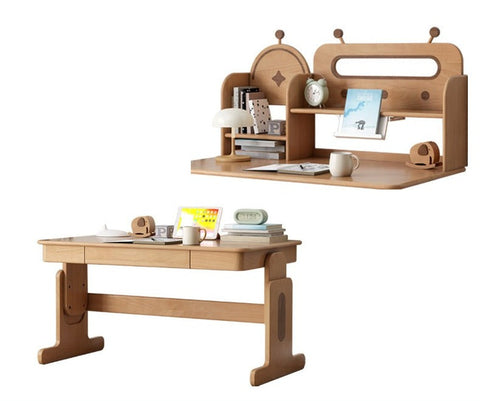 Beech Solid Wood Adjustable Height Desk & Bookshelf Set Natural Study Table for Kids & Students