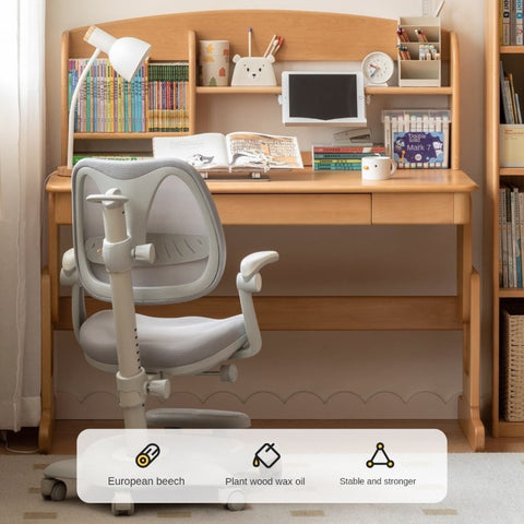Beech Solid Wood Adjustable Height Desk & Bookshelf Set Natural Study Table for Kids & Students