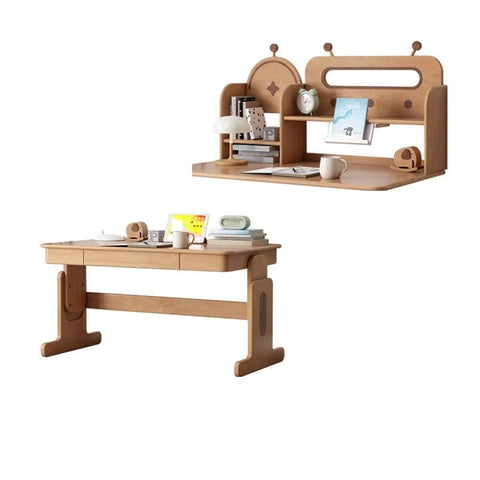 Beech Solid Wood Adjustable Height Desk & Bookshelf Set Natural Study Table for Kids & Students