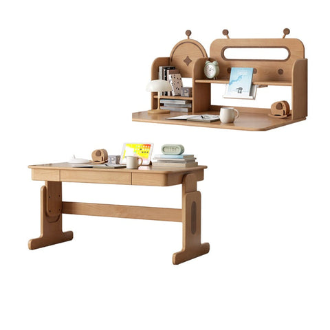 Beech Solid Wood Adjustable Height Desk & Bookshelf Set Natural Study Table for Kids & Students