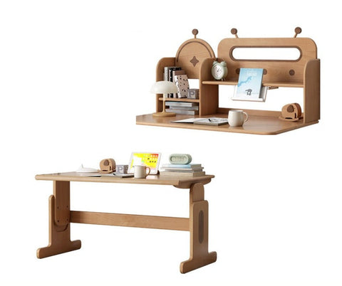 Beech Solid Wood Adjustable Height Desk & Bookshelf Set Natural Study Table for Kids & Students