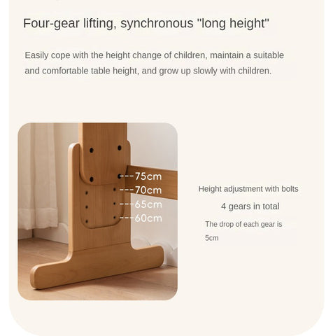 Beech Solid Wood Adjustable Height Desk & Bookshelf Set Natural Study Table for Kids & Students